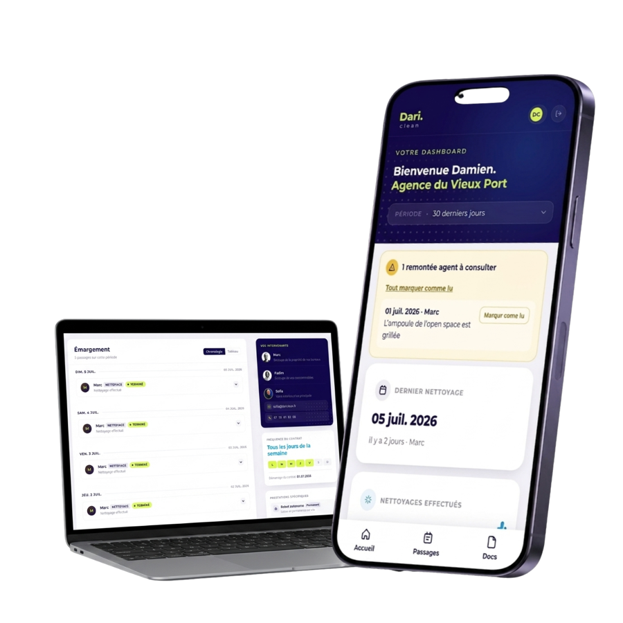 Portail client Dari Clean, suivi des passages et du nettoyage de vos bureaux en temps réel